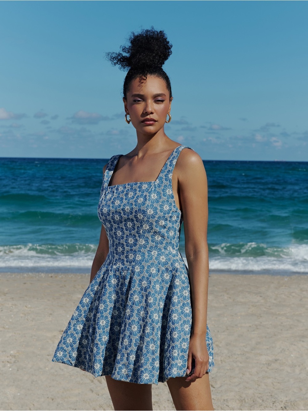 Arianne Elmy Denim La Bubble Dress Blue Floral Embroidered Mini Size M